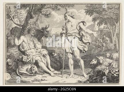 Dialog zwischen den Hirten tityrus und meli boeus; Aufführungen aus Vergilius' Bucolia. Umgeben von ihrem Vieh führen die beiden Hirten Titrus und meli boeus im Freien durch. Diese Illustration stammt aus dem ersten Gedicht aus Vergilius' Bucolicica. Stockfoto