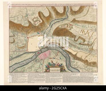 Karte der Belagerung von Huy, 1705; Plan De La Ville Chateau et Forte De Huy, Assiegez PAR LES ARMEZ DE S.A.E. De Baviere et du Marechal De Villeroy Le 26 May 1705 et Defendus Par Le Sr. Cronstrom Collonel au Service des Provinces Unies Jusquaá 11 du Mois de Juin Anne 1705. Karte von Huy, von den Beiersen und den Franzosen bestorpiert und vom Oberst Cronstrom verteidigt, der vom 26. Mai bis zum 11. Juni 1705 bei der Kapitulation der Stadt bei der Staatsarmee eingesetzt wurde. Am Ende der Legende A-Z in Französisch und Niederländisch. Stockfoto