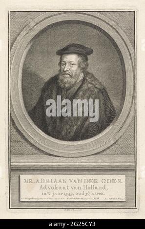 Portrait von Adriaan van der Goes; Mr. Adriaan van der Goes. Die Büste links von Adriaan van der geht in ein Oval. Das Porträt ruht auf einem Sockel, auf dem sein Name und seine Daten in drei holländischen Regeln stehen. Stockfoto