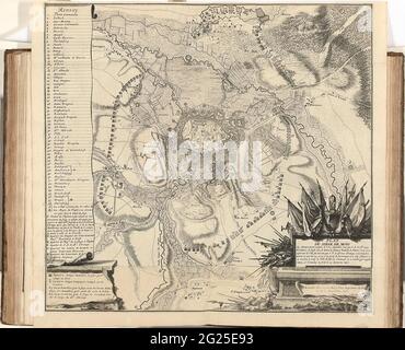 Belagerer von Mons, 1709; Plan du Siege de Mons. Karten und Aufnahme von Mons (Bergen) durch die Alliierten, 25. September - 22. Oktober 1709. Unten rechts auf einer Kartusche mit dem Titel, verziert mit Waffen, Spruchbändern und einigen Körpern feindlicher Soldatenkörper. Links die Erklärung 1-58 und A-I auf Französisch. Teil einer gebündelten Sammlung von Plänen von Schlachten und Städten, die im spanischen Erbfolgekrieg bekannt waren. Stockfoto