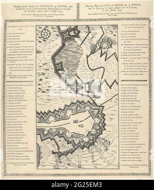 Anlegekarte von Bergen op Zoom, 1747; Neuer ebener Boden von Bergen op Zoom, mit den Festungen auf der Linie Derselver Belagerung und der Attaque der French, Zedert den 16. Juli 1747 / Nouveau Plan de la Ville de Berge sur Le Zoom (...). Karte der Belagerung von Bergen op Zoom durch die Franzosen, begonnen am 12. Juli 1747. Karte gedruckt von einem Teller mit den Legenden in Niederländisch und Französisch auf beiden Seiten, das ganze in einem dekorativen Rand. Stockfoto