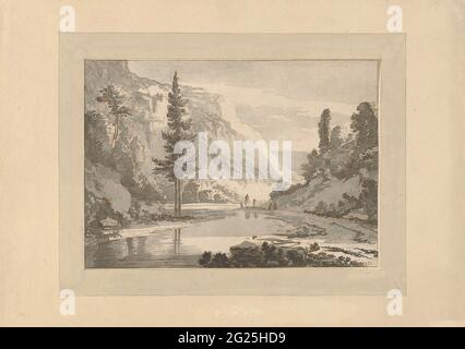 Berglandschaft mit Hirten am Flussufer. Bergige Landschaft mit einem See und einem Pfad mit verschiedenen Figuren im Hintergrund. Stockfoto