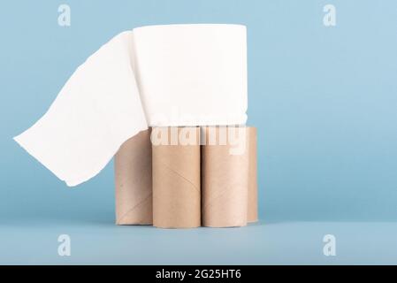 Eine Rolle Toilettenpapier auf Toilettenpapierrollen aus Pappe. Speicherplatz kopieren. Blauer Hintergrund. Stockfoto