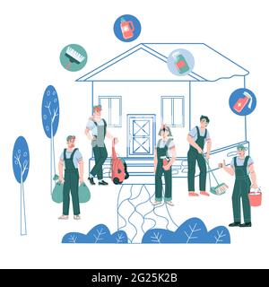 Reinigung, Hausmeister und Gartenpflege-Personal, Cartoon-Vektor isoliert. Stock Vektor