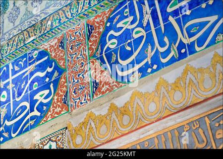 Detail der Iznik-Fliesen in der Privy Chamber von Sultan Murad III. Topkapi Palast, auch bekannt als Topkapi Sarayi, Istanbul, Türkei Stockfoto