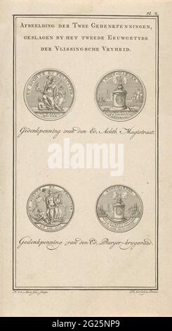 Zwei Zeichen zu Ehren von 200 Jahren Freiheit in Vlissingen, 1772; Bild von zwei Gedenkspannungen, geschlagen vom zweiten Jahrhundert des Vlissingse Vryheid. Zwei Token bei der Feier von 200 Jahren Freiheit in Vlisssingen, 6. April 1772, geschlagen. Die Obermedaille im Auftrag des Magistrats von Vlisssingen, die Untermedaille im Auftrag des Burgerikrijsraad. Rechts oben nummeriert: pl. X. Teil einer Gruppe von neun Tellern nummerierte I-X von den Dekorationen auf dieser Party. Stockfoto
