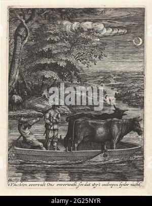 Überquerung bei Mondschein; allegorische Landschaften. Eine breite Flusslandschaft bei Mondschein. Im Vordergrund ein Vlet, in dem eine Figur und zwei Kühe von einem Ruderer angehoben werden. Verbindet zwei Ziegen unter einem großen Baum. Unter der Show eine Regel auf Niederländisch. Allegorie auf die sozioökonomische Situation in den Niederlanden im Jahr 1644. Druck aus einer Serie von fünf allegorischen Landschaften mit Zaubersprüchen. Stockfoto