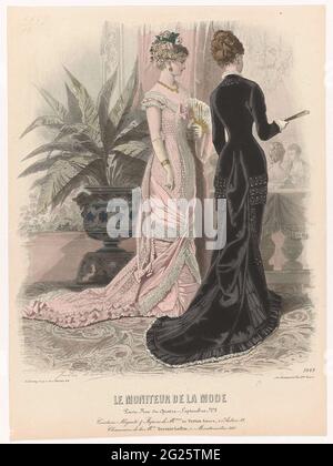 Le Moniteur de la Mode, 1879, Nr. 1669: Ceinture Régent (...). Zwei Frauen, von denen eine auf dem Rücken gesehen wurde, an einer Balustrade, die in Abendfamilien gekleidet war. Im Hintergrund eine elegante Firma. Unter der Show einige Regeln Werbung Text für verschiedene Produkte. Druck aus dem Magazin Le Moniteur de la Mode (1843-1913). Stockfoto