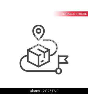 Transportweg des Lieferkartons mit Positionsnadel und Fahne. Tracking Parcel on map line Vector icon. Stock Vektor