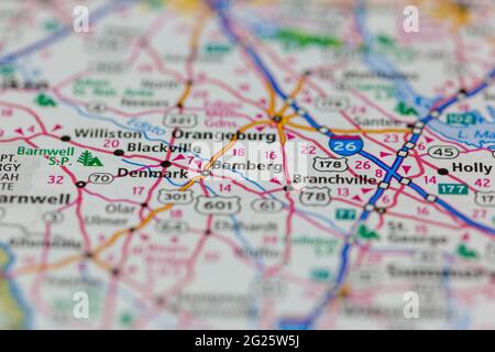 Bamberg South Carolina USA auf einer Road Map oder Geography Map dargestellt Stockfoto