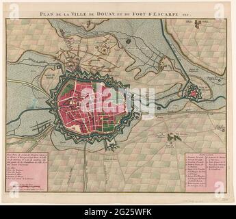 Belagerung von Douai, 1710; Plan De La Ville De Douay, et du Fort de l'Escraspe. Etc .. Karte der Stadt Douai, von den Alliierten bestorpiert, aufgenommen am 29. Juni 1710. Links und rechts unten Kartuschen mit den Legenden A-F und 1-10 in französischer Sprache. Stockfoto