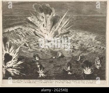 Aufblasen der Schiffsbrücke in der Schelde, 1585; unterirriges Bild des Betriebs von Gianibellies brennt durch den Schipbrug's des Prinsen van Parma über der Schelde. Aufblasen mit Brennern aus dem Schipbrug, der vom Herzog von Parma in der Schelde vor Antwerpen in der Nacht vom 4. Auf den 5. April 1585 gelegt wurde. In der Bildunterschrift der Titel und eine Legende 1-5 auf Niederländisch. Stockfoto