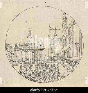 Einführung der Regierungsverordnung über den Grote Markt in Haarlem im Jahr 1787. Am 5. September 1787 wurde auf dem Großen Markt von Haarlem von den Patrioten im Rahmen der Regierungsverordnungen ein Freiheitsstempel eingerichtet. Links der Freiheitsstempel und rechts der Sint-Bavokerk. Im Vordergrund stehen Männer an einer Waffe. Stockfoto