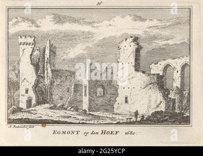 Blick auf einen Teil der Ruine des Egmond Castle, 1680; Egmont auf den Hoef 1680. Blick auf einen Teil der Ruinen von Schloss Egmond, auch als Schleuse auf dem HUF, in Egmond aan den Hoef, in der Situation um 1680. Die Ruine der Burg wurde von innen gesehen. Stockfoto