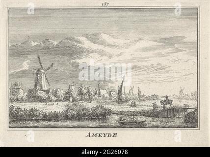 Gesicht auf ameide; Ameyde. Blick auf die Ameide, die sich an der Flußstelle befindet. Auf der linken Seite das Dorf und eine Reihe von Mühlen, auf der rechten Seite das Leck mit einer Brücke mit einem Reiter und einem Hund. Stockfoto