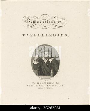 Porträt eines schnellen Arztes; Titelseite von: Jan van Walré und Adriaan Loosjes Pz., Demokratische Tafellieder, 1822. Porträt eines Arztes schnell, eine Figur aus einem Trinklied, das sein Glas hebt. Für ihn eine Flasche, hinter ihm ein Aescula-Affe. Stockfoto