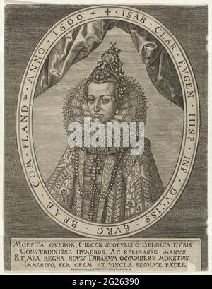 Porträt von Isabella Clara Eugenia, Infante of Spain. Porträt von Isabella Clara Eugenia, Infante von Spanien und Gemalin von Albrecht, Erzherzog von Österreich. Die Performance wird in einem ovalen Rahmen mit einem peripheren Panel eingefangen. Im Kontext eine vierzeilige lateinische Beschriftung. Stockfoto