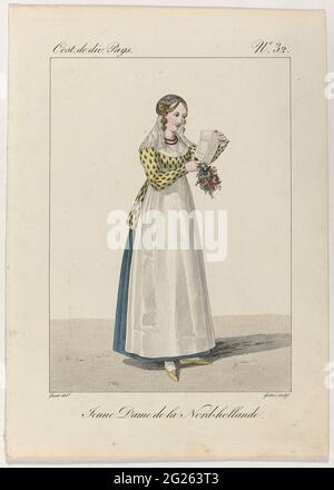 Costume De Divers Pays, 1827, Nr. 32: Jeune Dame de la Nord-Hollande. Junge Frau in traditioneller Tracht aus Noord-Holland. Sie liest einen Brief. Stockfoto