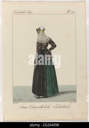Costume De Divers Pays, 1827, Nr. 29: Jeune Demoiselle de la Nord-Hollande. Junge unverheiratete Frau in traditioneller Tracht aus Noord-Holland. Stockfoto