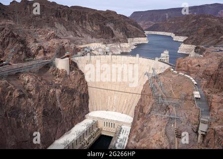 Eine allgemeine Ansicht des Hoover-Staudamms, Sonntag, 7. März 2021, in der Nähe von Boulder City, Nev. Stockfoto