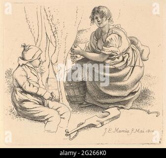 Melkerin; Studienbilder / Etudes Gravées. Eine Frau melkt eine Kuh, ihr Joch steht vor ihr auf dem Boden und ein Junge sitzt neben ihr. Stockfoto