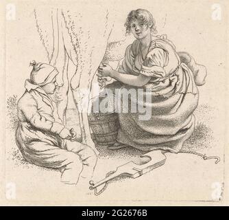 Melkerin; Studienbilder / Etudes Gravées. Eine Frau melkt eine Kuh, ihr Joch steht vor ihr auf dem Boden und ein Junge sitzt neben ihr. Stockfoto
