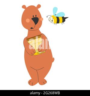 Niedliche Cartoon-Bär mit Bienenstock und Biene. Vektorgrafik. Stock Vektor