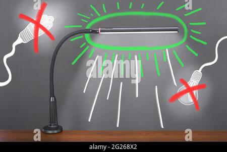 Flexible moderne Tisch-LED-Leuchte im Verhältnis von gekreuzten Halogen- und Glühlampen. Konzept der modernen Sicherheits-Economy-Lampe. Hochauflösendes Foto. Stockfoto