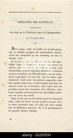 Erklärung der Darstellung der Schlacht auf der Zuiderzee; Erklärung aus der Kunstplatte, die den Kampf auf der Zuiderzee gegen die Spanier darstellt. Auf Recto und verso der Zeitschrift EIN Text im Buchdruck über dem Druck mit dem Thema Getting the Battle of the Zuiderzee of Prentmaker Walraad Nieuwhoff. Stockfoto