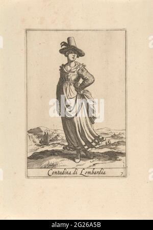 Boerenwoman nach lombardischer Mode gekleidet; Contadina di Lombardia; Kostüme aus Italien. Landschaft mit einer in Mode gekleideten Bäuerin aus der Lombardei, Italien. Der Glaube der Farmerin wird gezeigt und hält ihre Schürze mit der linken Hand. Sie trägt ein Gerinnsel mit geschnürten Körpern und einen großen Strohhut. Der Druck ist Teil einer zweiteiligen Serie von Drucken mit italienischen Kostümen. Stockfoto