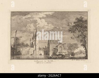 Oostpoort in Delft, 1757; Oostpoort in Delfft 1757. Blick auf den Oostpoort in Delft, bestehend aus einem Land- und Wassertor. Rechts im Vordergrund stehen zwei Figuren auf einer Straße. Stockfoto