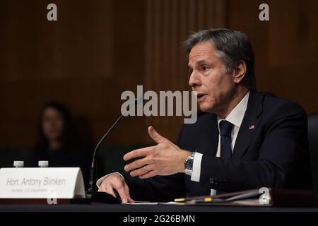 Washington, Usa. Juni 2021. US-Außenminister Antony Blinken bezeugte vor dem Senatsausschuss über die Mittelausstattung während der Anhörung über „EINE Überprüfung des Budgetantrags des Außenministeriums für das Finanzjahr 22“ im Senatsbüro Dirksen. (Foto von Lenin Nolly/SOPA Images/Sipa USA) Quelle: SIPA USA/Alamy Live News Stockfoto