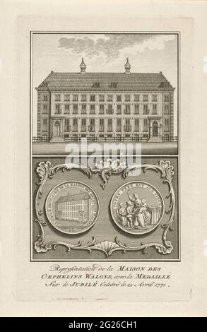 1771. Jahrestag der Walenweeshuis; Representation de la Maison des Orpelins Walons, Avec La Medal Sur Le Jubilé Celebre Le 22 Avril 1771. Der Amsterdam Walenwehuis und die Medaille wurden anlässlich des 100. Jahrestages am 22. April 1771 geschlagen. Stockfoto