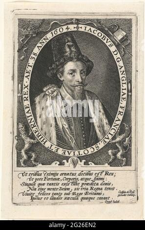 Porträt von James I.; Regiae Anglicae. Porträt von James I., König von England, im Alter von 38 Jahren. In der Registrierung des Rahmens Name, Funktion und Alter der Person in Latein dargestellt. Am Rand eine sechs-Zeilen-Position in Latein vorhergesagt. Stockfoto