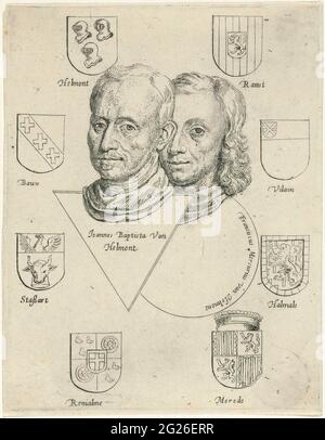 Porträts von Joannes Baptista van Helmont und Francis Mercurius van Helmont mit acht Waffen. Die Hauptvorherrschaft des Schriftstellers, Alchemisten und Arztes Joan Baptista von Helmont und seines Sohnes Franciscus Mercury von Helmont, umgeben von acht Waffen. Die Köpfe jeder auf einer geometrischen Form, auf der linken Seite ein Dreieck und auf der rechten ein Kreis, auf dem ihre Namen. Stockfoto