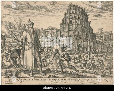 Turm zu Babel; Figurae et imaeins bibliorum. Der Turm von Babel wird unter der Aufsicht von Nimrod gebaut. Viele Menschen arbeiten am Turm und in der Stadt sind die Öfen zu sehen, wo die Steine gebacken werden. Zwei Engel erscheinen in der Luft. Am Ende eines lateinischen Hinweises auf den Bibeltext in Gen. 11. Legal unter der Nummer: 6. Stockfoto