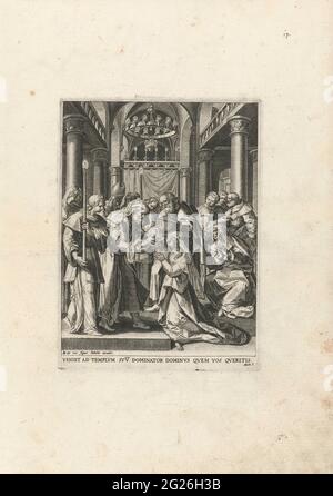 Präsentation im Tempel; das Leben und die Passion Christi und der Jungfrau Maria. Das Innere eines Tempels. In der Mitte Simeon hält das Christkind. Maria kniet für Simeon. Joseph steht neben ihm und hat einen Korb mit zwei Tauben in seinen Händen, die als Opfer dienen. Der Druck hat ein lateinisches Bibelzitat als Bildunterschrift und ist der vierte Druck einer fünfzigbegeisterten Serie über das Leben Christi und der Jungfrau Maria. Stockfoto