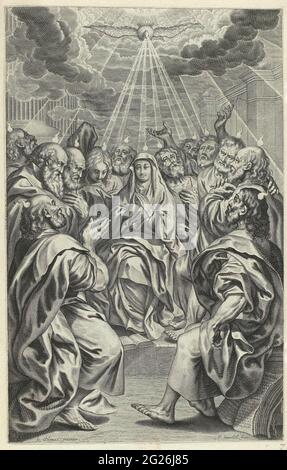 Ausgießung des Heiligen Geistes (Pfingsten); Leben Christi. In der Mitte ist Maria mit gefalteten Händen. Um sie herum sind die Apostel mit gefalteten oder erhobenen Händen. Über jedem Kopf eine Flamme. Vom Himmel fällt der Heilige Geist in die Form einer Taube, die an alle Anwesenden strahlt. Zwei offene Bücher auf dem Boden. Der Druck ist Teil eines Albums. Stockfoto