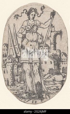 Frau mit einem Stock in der Hand; Ovale mit Figuren in einer Landschaft; stehende Frauenfigur mit Lanze (Athen?). Links im Hintergrund zwei Obelisken. Aus einer Serie von 9 Blatt. Stockfoto