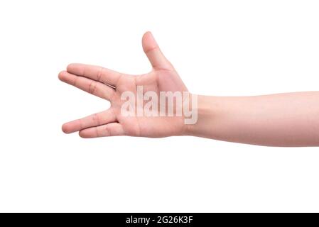 Gesten. Die Hand einer Person zeigt fünf Finger. Stockfoto