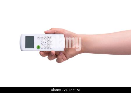 Die Hand hält die Fernbedienung des Fernsehers und schaltet die Sender um. Das Konzept der Wahl aus Vielfalt, Wechsel und Veränderung im Leben. Stockfoto