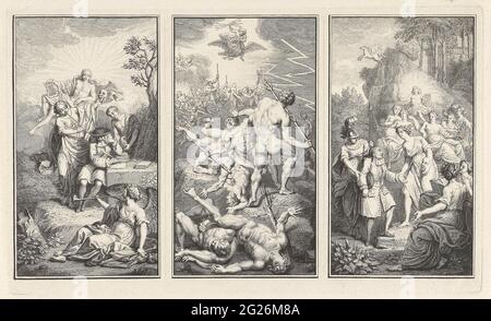 Mythologische und allegorische Darbietungen auf der Inspiration des Dramatikers Paul Scarron. Eine mythologische und zwei allegorische Aufführungen für eine Buchausgabe von Theaterstücken von Paul Scarron. Links: Der Schriftzug scarron ist umgeben von Melpomene (mit Maske) und einem erhabenen Engel, der beide die Trompete bläst, einem Jungen mit Muschel und apollo mit seinem Windenlook im Hintergrund. Mitte: Der Kampf der Götter und Riesen. Rechts: Minerva führt Scarron an einen Ort, an dem Apollo mit seinen neun Musikstücken musiziert. Stockfoto