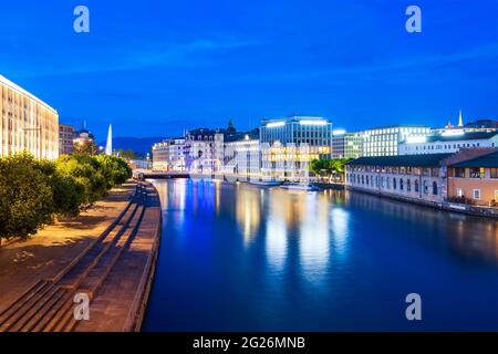 Genfer Stadtzentrum Antenne Panoramablick. Oder Genf Genf ist die zweitgrösste Stadt der Schweiz, am Genfer See entfernt. Stockfoto