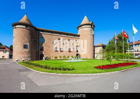 Mittelalterliche Burg in Morges. Morges ist eine Stadt am Ufer des Genfer Sees im Kanton Waadt in der Schweiz Stockfoto