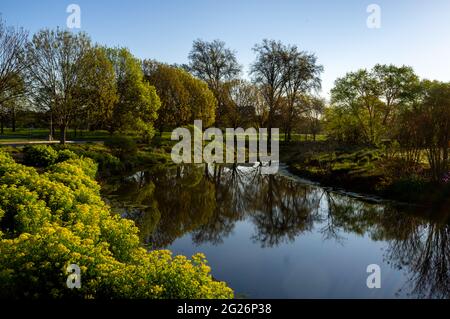 19. April 2021 - ST. LOUIS - Sonnenaufgang beleuchtet den Pagoda Lake im Forest Park, dem 1,326 Hektar großen Stadtpark in St. Louis County, Mo., Montag, 1. April Stockfoto