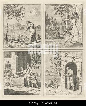 Verluste von sich selbst / Tod ist an der Tür / Skelett und Knochen korrekt / gräulich. Vier Vorstellungen. Oben links: Gleichnis vom Sämann. Eine Frau zeigt auf die Erde, während im Hintergrund ein Sämann aus Samen Schuppen über dem Feld ist. Oben rechts: Der Tod ist wahr, mit einer Sense in der Hand vor einer Tür. Im Hintergrund eine Partygesellschaft unter einer Pergola. Unten links: Ein Mann und ein Junge werden von einem Mann auf Knochen und einem Skelett auf einem Friedhof in Erinnerung an den Tod gerichtet. Unten rechts: Ein alter Mann, der auf eine Sanduhr und einen Rigekappel zeigt. Die letzten drei Vorstellungen erinnern sich an das d Stockfoto