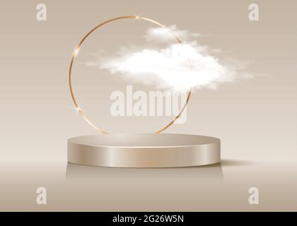 3d-Plattform-Studio-Display minimale Szene, Gold runden Rahmen und flauschige Wolke. Blauer Standboden im Studio. Luxus Bühne Schaufenster Plattform modern. Fashio Stock Vektor