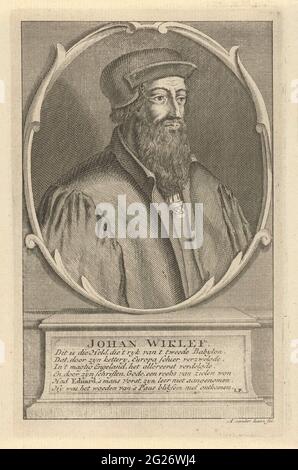 Porträt von John Wyclif. Porträtbüste in ovaler Form rechts vom englischen Theologen John Wyclif, mit Kopfschmuck. Das Porträt basiert auf einer Basis, auf der der Name der porträtierten Zustand, gefolgt von einem sechszeiligen niederländischen frisch. Stockfoto