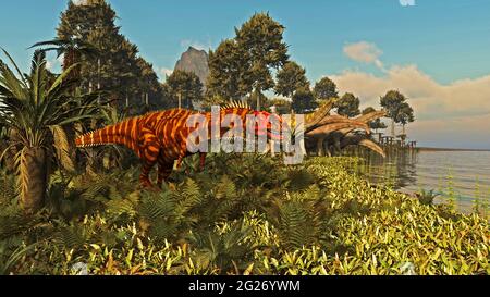 Rajasaurus in der Lameta-Formation Westindiens. Titanosaurus grasen im Hintergrund. Stockfoto