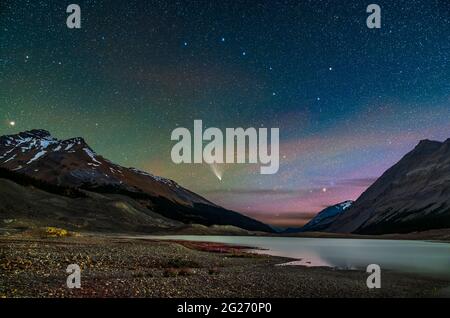 Komet NEOWISE über dem Columbia Icefield im Jasper National Park, Alberta, Kanada. Stockfoto